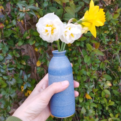 petit vase bleu contenant des jonquilles, tenu dans une main, devant le feuillage d'un chèvrefeuille